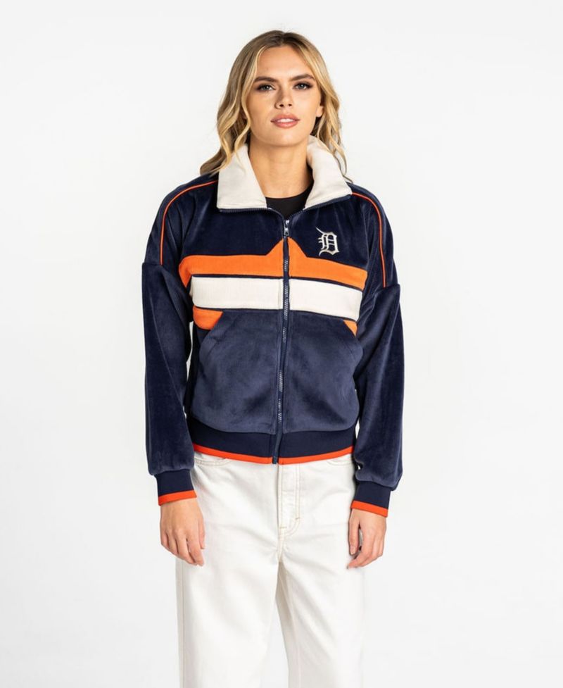 Women's Navy Detroit Tigers Velvet Cord Full-Zip Jacket