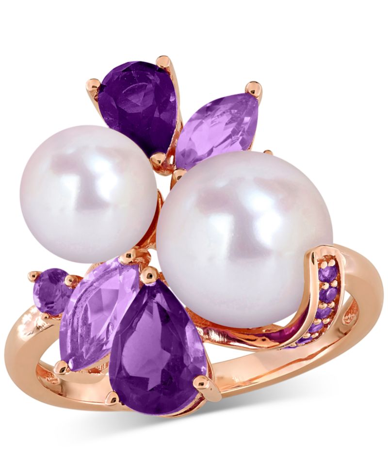 Cultured Freshwater Pearl (7-8.5mm) Multi-Gemstone (1-3/4 ct. t.w.) Ring in 18k Rose Gold-Plated Sterling Silver
