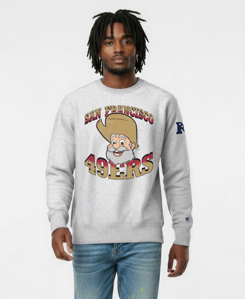 Men's Silver San Francisco 49ers Disney X Champion Reverse Weave Fleece Crewneck Sweatshirt