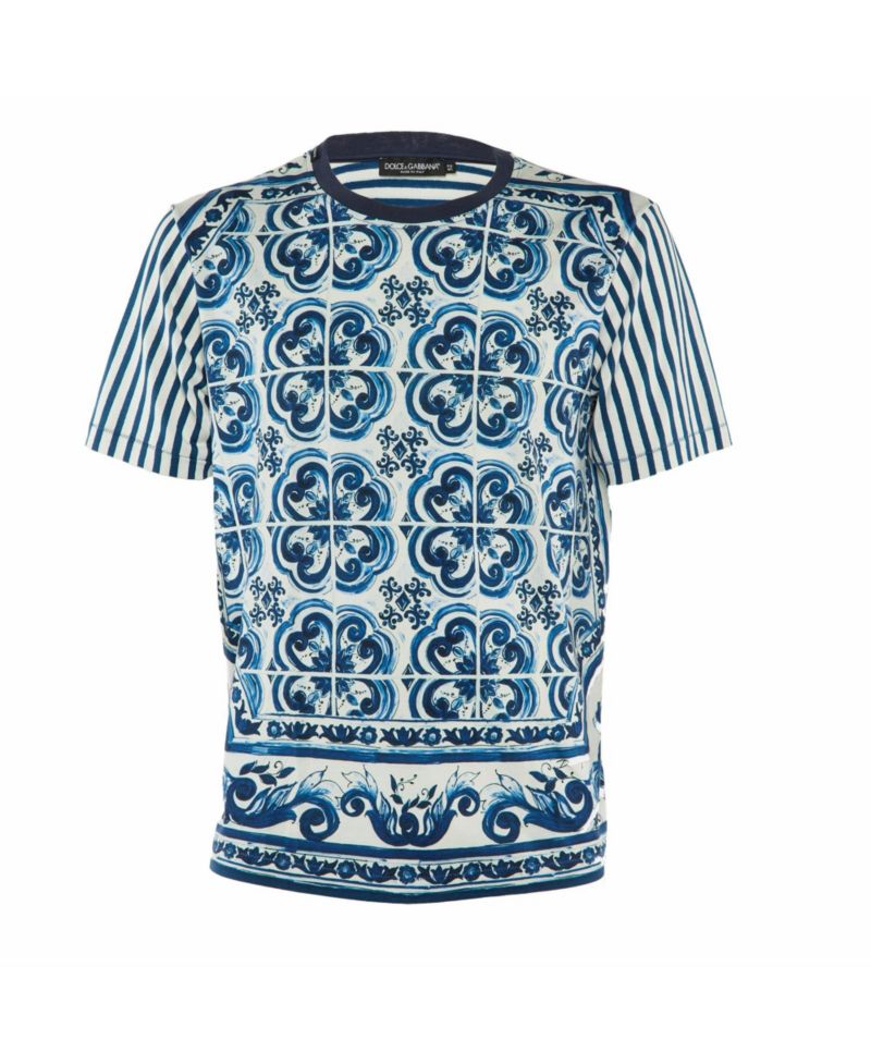 Women's Pre-Owned Dolce and Gabbana Majolica and Stripe Print Cotton T-Shirt