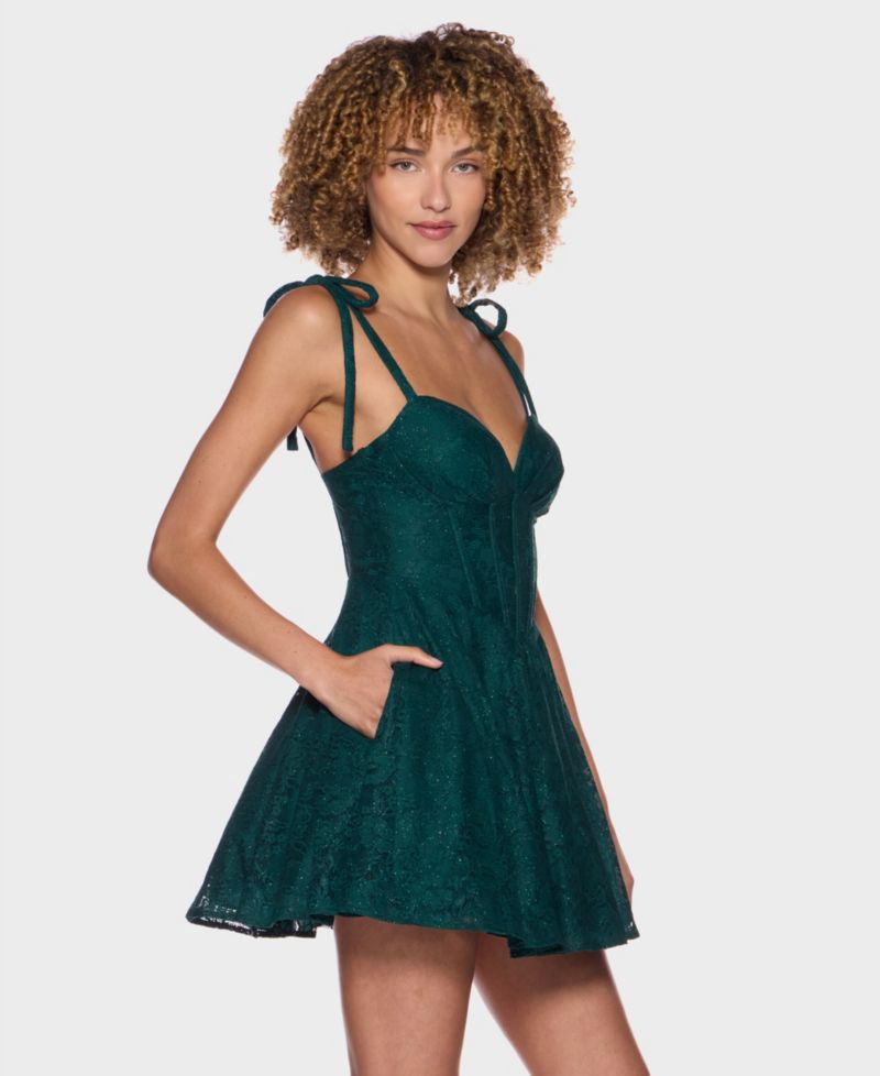 Juniors' Sweetheart Neck Glitter Lace Corset Bodice Dress