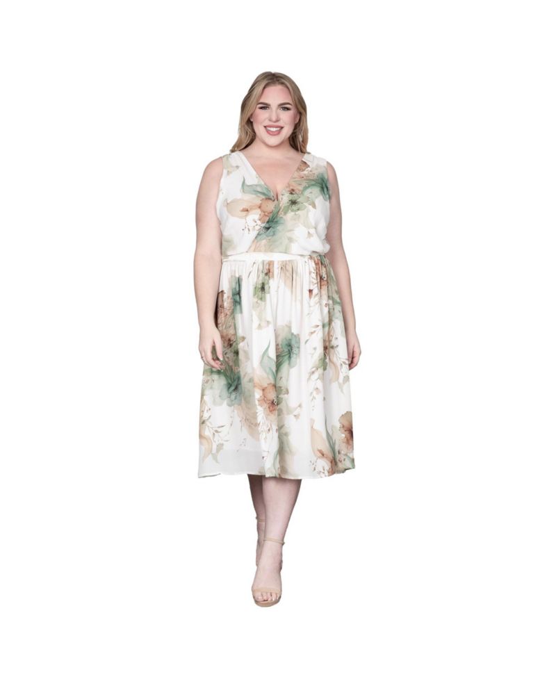 Plus Size Floral-Print V-Neck Faux Wrap Midi Dress