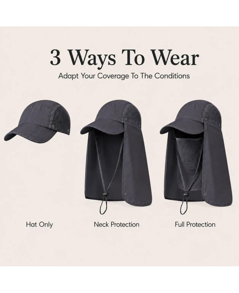 3-in-1 Foldable UPF 50+ Wide Brim Sun Hat with Removable Face Shield and Neck Flap for Women and Men