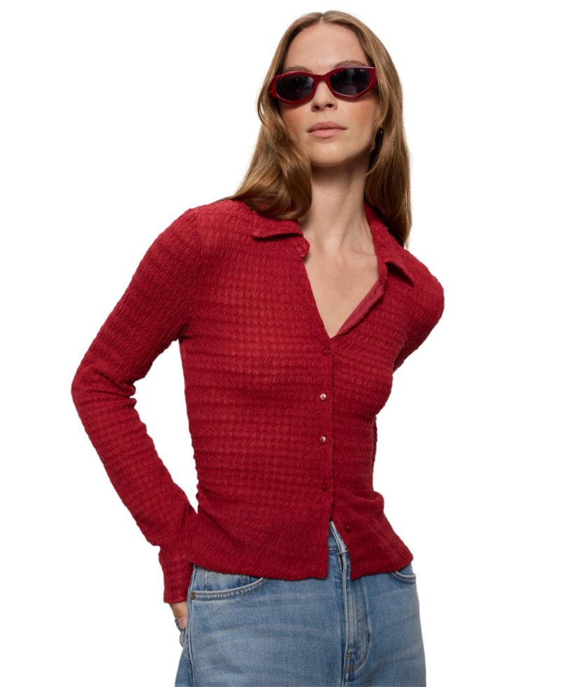 Petite Juno Textured Long-Sleeve Spread Collar Shirt