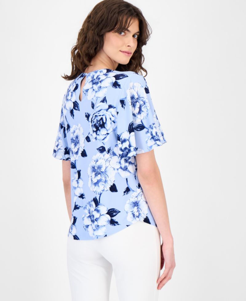 Women's Pleated Printed Bell-Sleeve Top