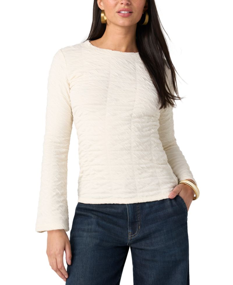 Women's Crewneck Crinkled-Knit Flared Long-Sleeve Top
