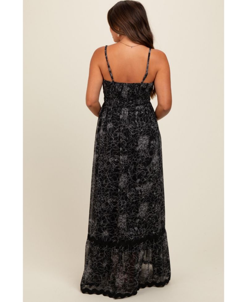 Women's Black Floral Contrast Trim Maxi Dress