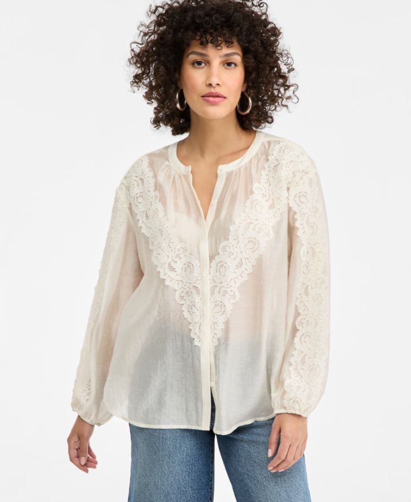 Women's Long Sleeve Lace-Trim Blouse