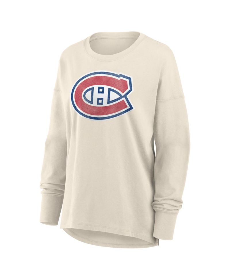 Women's Cream Montreal Canadiens Distressed Logo Long Sleeve T-Shirt