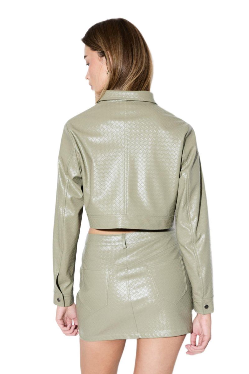 Women's Woven Detail Faux Leather Jacket