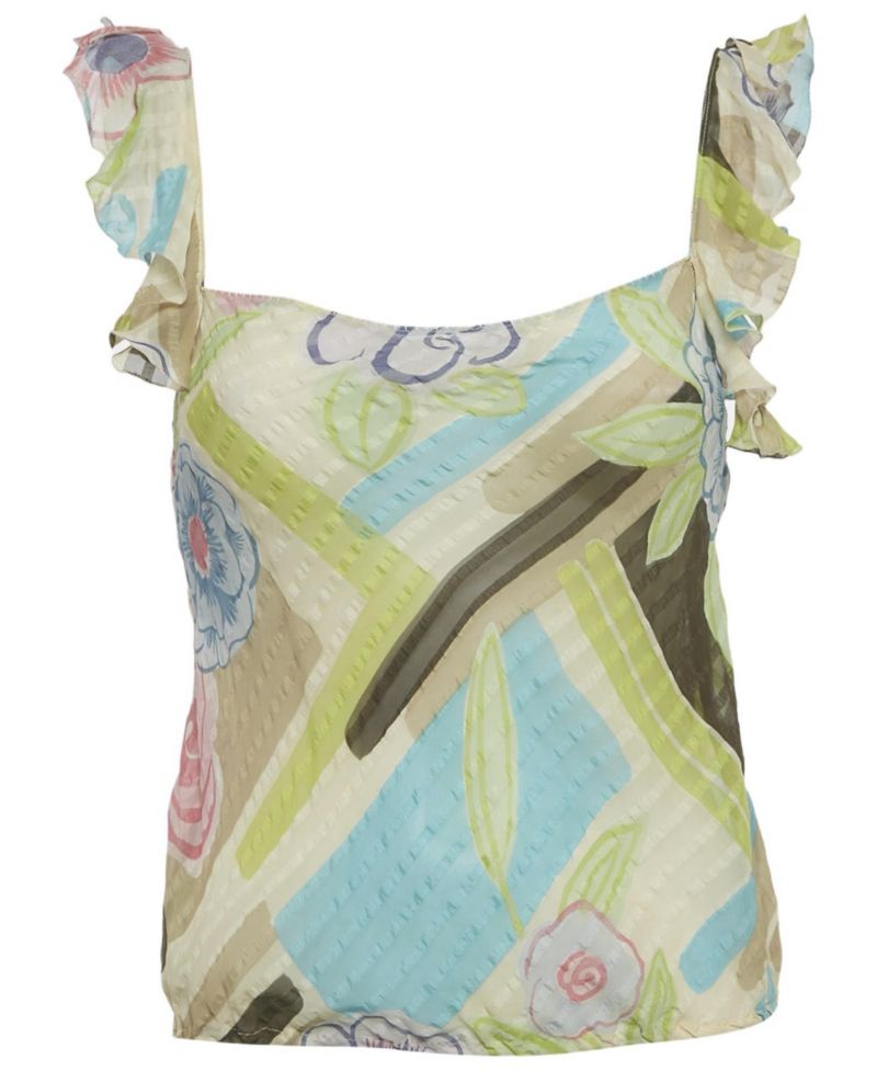 Women's Multicolor Printed Silk Ruffe Sleeve Sheer Top