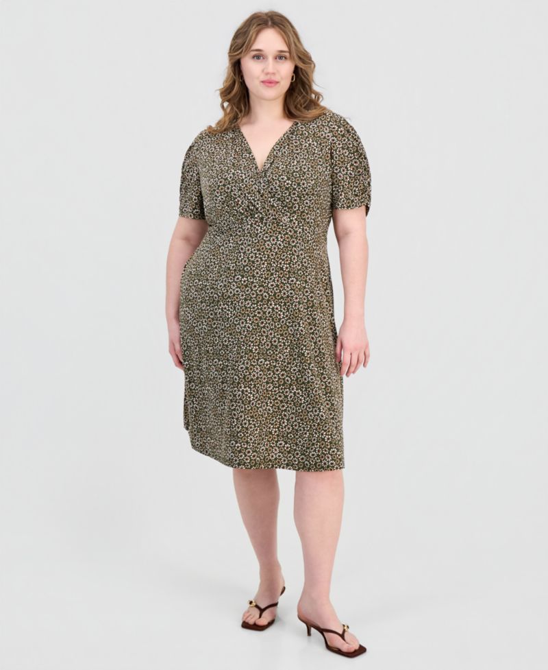 Plus Size Printed Ruched-Sleeve Sheath Dress