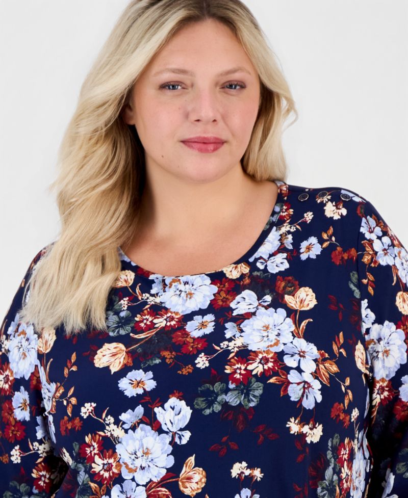 Plus Size Floral Shoulder-Button 3/4-Sleeve Blouse