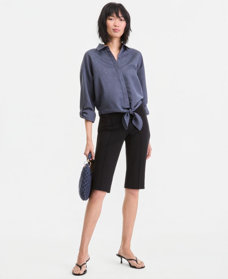 Women's Linen-Blend Button-Front Tie-Hem Shirt