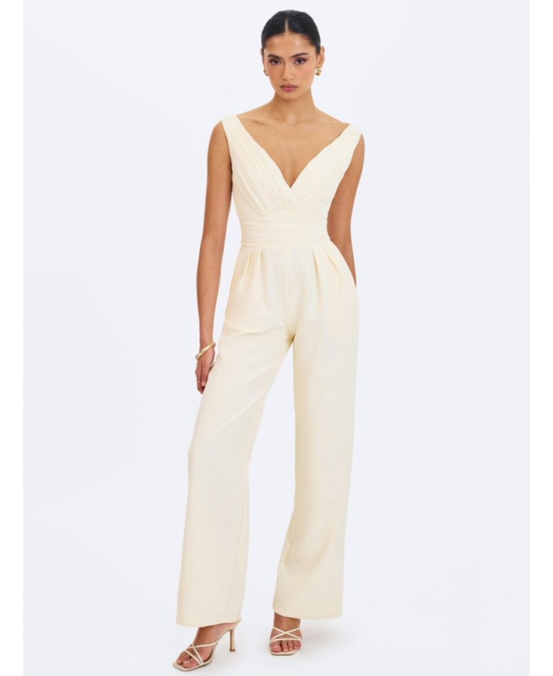 Women's Harper Ivory Ruched V-Neck Jumpsuit with Scarf