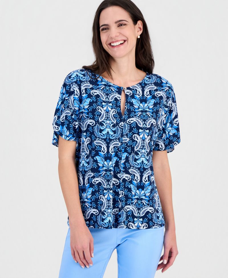 Women's Short Dolman-Sleeve Printed Keyhole Knit Top