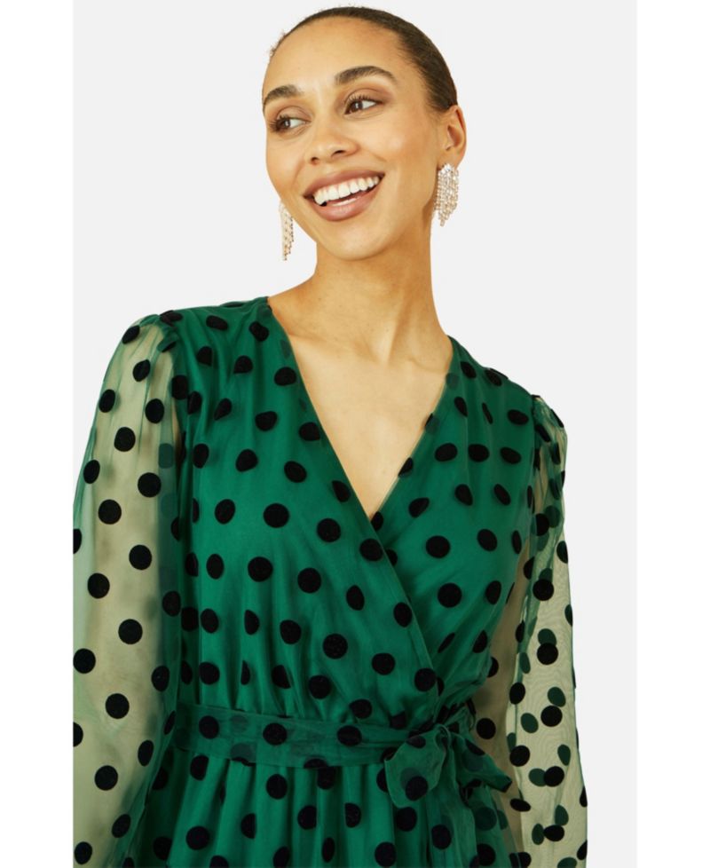 Women's Spot Mesh Wrap Midi Skater Dress