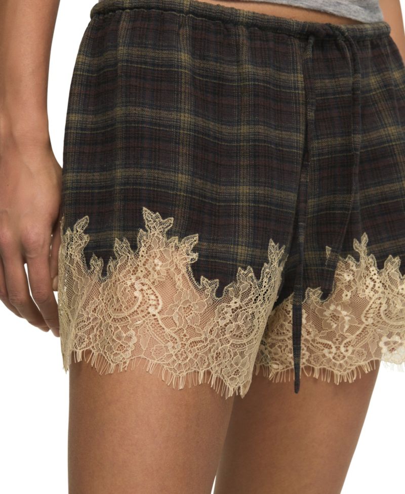 Women's Lace-Trimmed Plaid Mid-Rise Shorts