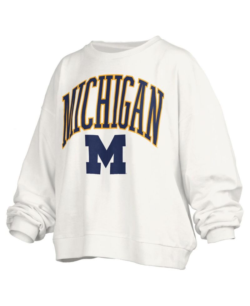 Women's White Michigan Wolverines Janise Arch Over Logo Waist Length Oversized Pullover Sweatshirt