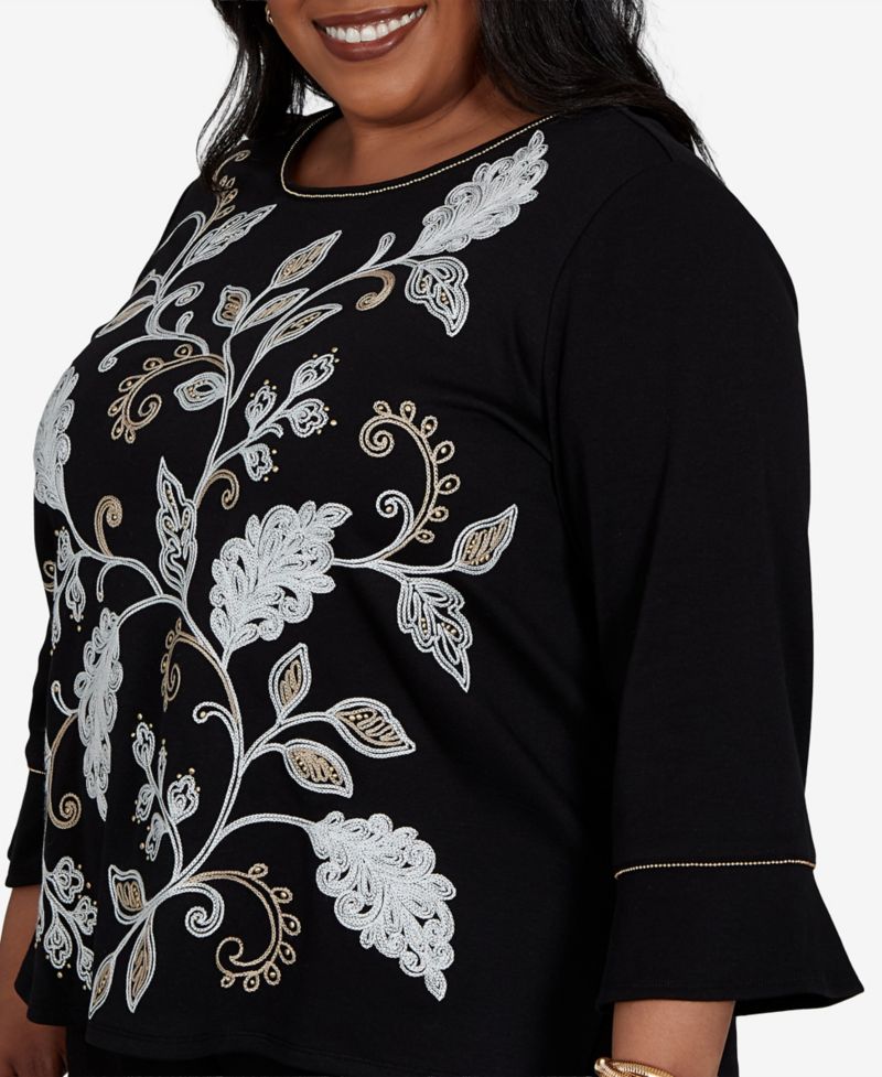 Plus Size Travel Advisory 3/4-Sleeve Crewneck Embroidered Top