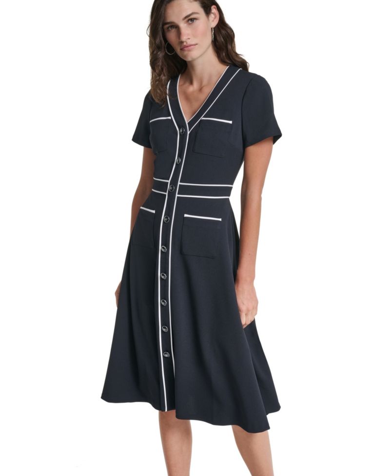 Women's Scuba A-Line V-Neck Midi Dress