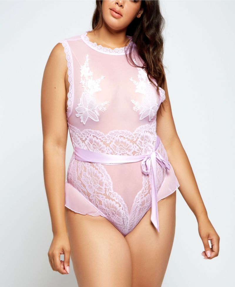 Floral Applique Lace and Mesh Bodysuit Lingerie, Online Only