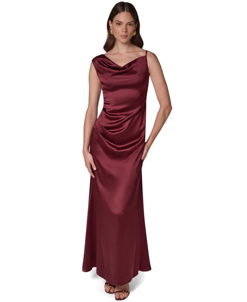 Women's Sleeveless Asymmetric Cowl-Neck Satin Maxi Dress