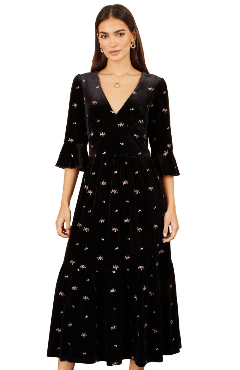 Women's Velvet Embroidered V-Neck Midi Dress