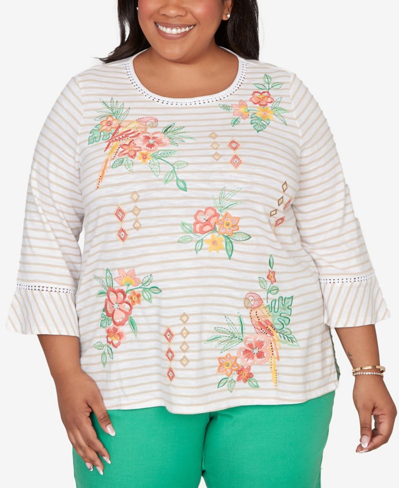 Plus Size Resort Living Parrot Stripe Embroidered Top