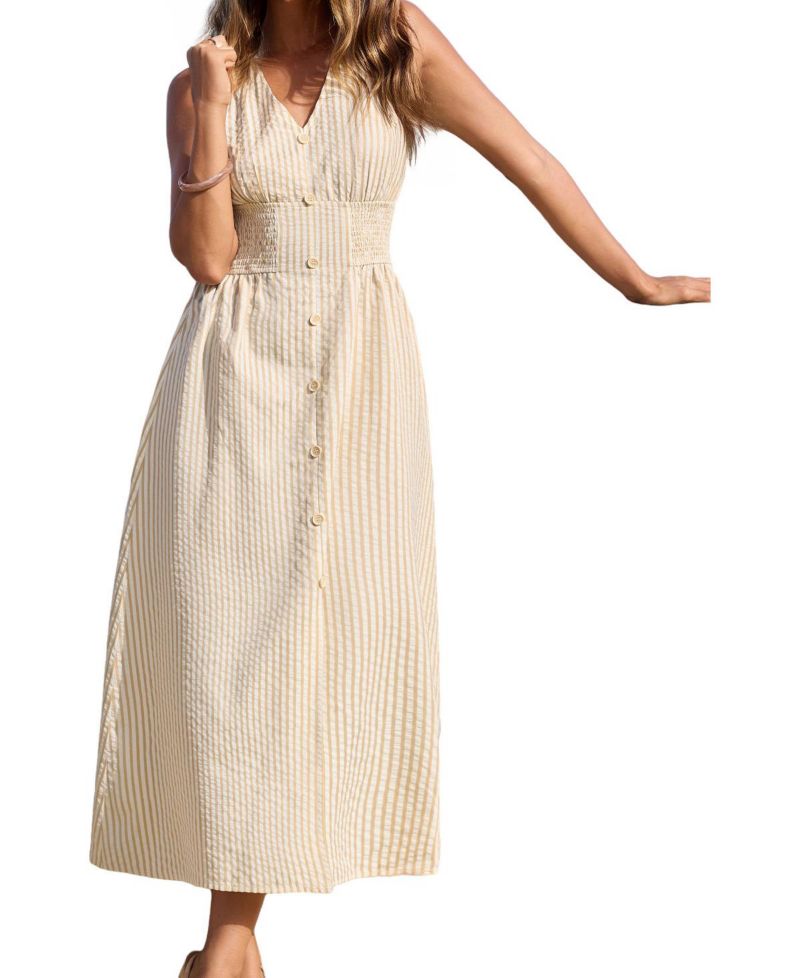 Women's Time Will Tell Striped Smocked-Waist V-Neck Dress