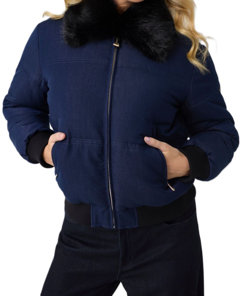 Women's Ivana Puffer-Bomber Faux-Fur Collar Synched-Waist Denim Jacket