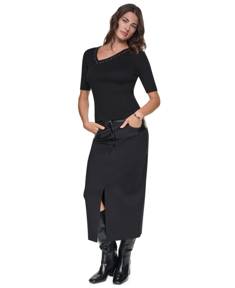 Women's Asymmetrical V-Neck Studded Ribbed-Knit Pullover Sweater