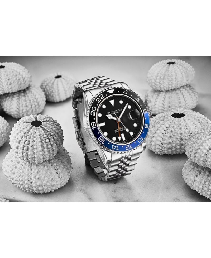 Meridian 3968 Men s GMT Diver Watch - Quartz Movement, 42mm Stainless Steel Case, Black Dial, Blue/Black Bezel