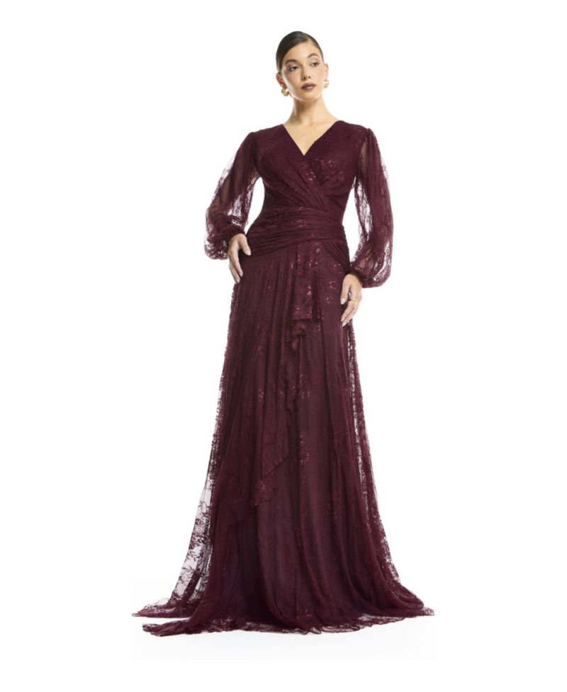 Women's Wrap Lace Gown with Sheer Sleeves - Tiered Ruffle Draped Evening Dress
