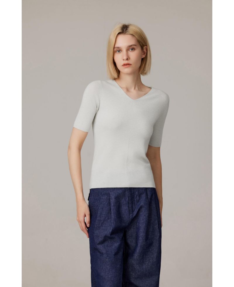 Women's Merino Wool Lurex Sweater | Shimmer Fine gauge V-Neck Short Sleeve Top | Machine Washable Pullover