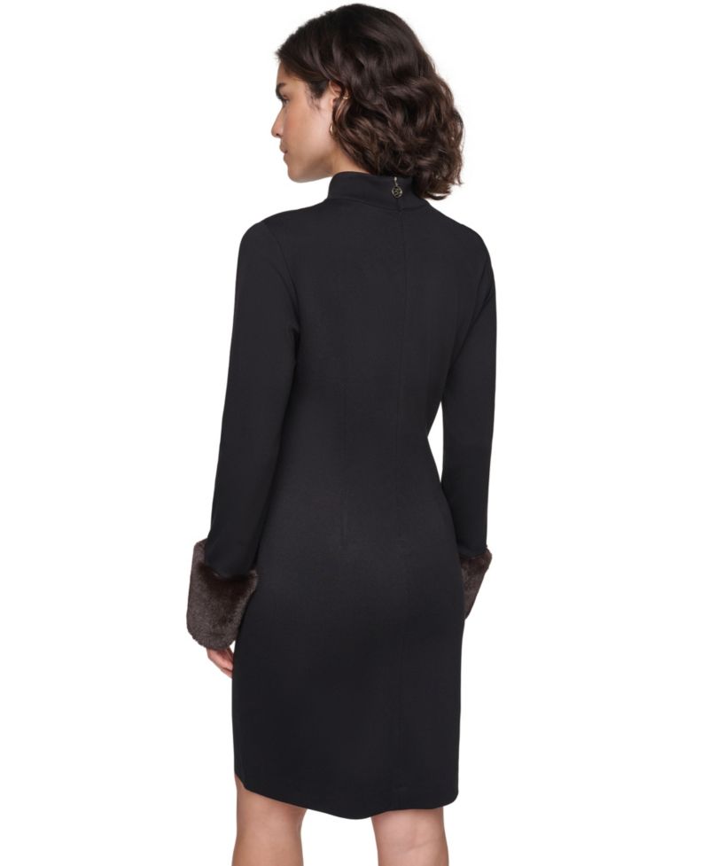Women's Faux-Fur Cuff Mock Neck Long-Sleeve Sweater Dress