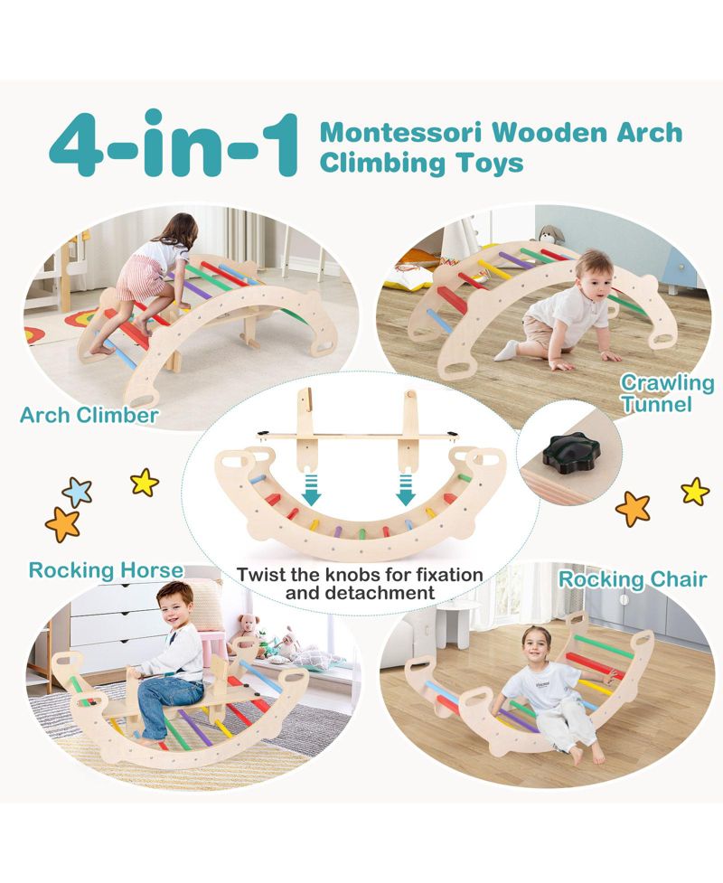 4 in 1 Kids Wooden Climbing Toy with Rocker and Crawling Tunnel
