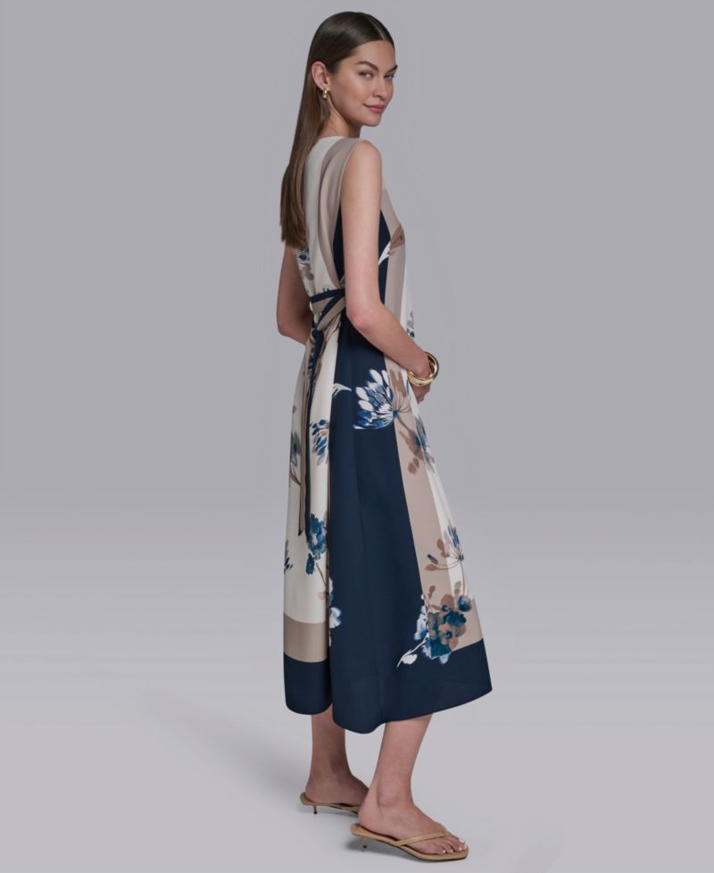Women's Sleeveless Self-Belt Floral Printed Midi Dress