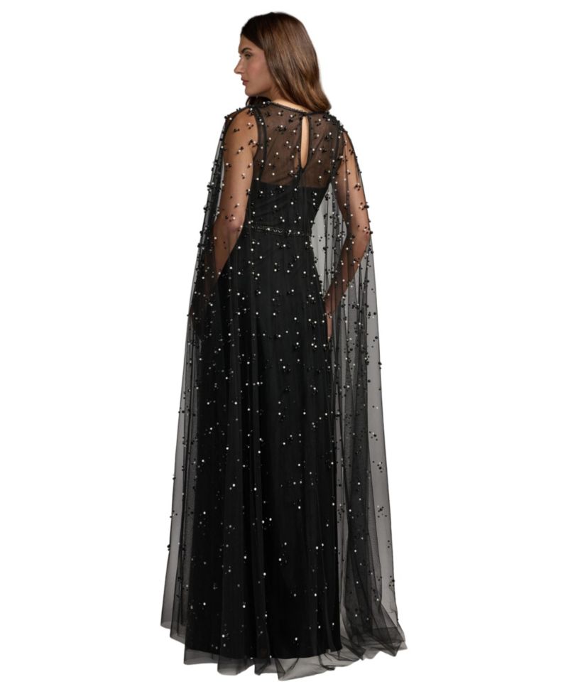 Women's Pearl Embellished Cape A-Line Gown