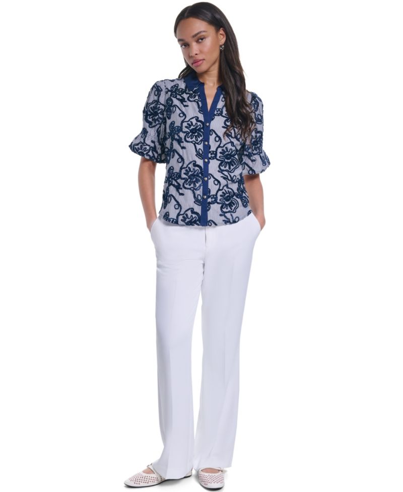 Women's Velvet Embroidery Button-Front Blouse