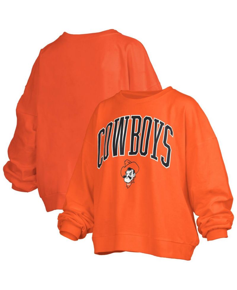 Women's Orange Oklahoma State Cowboys Janise Arch Over Logo Waist Length Oversized Pullover Sweatshirt