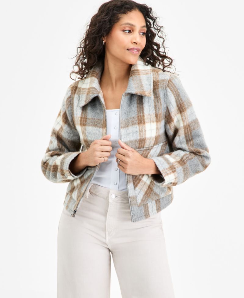 Women's Plaid Collared Zip-Front Coat