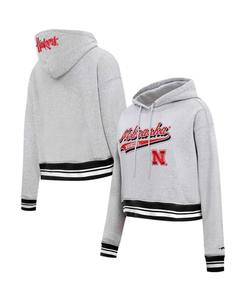 Women's Heather Gray Nebraska Huskers Script Tail Fleece Cropped Pullover Hoodie