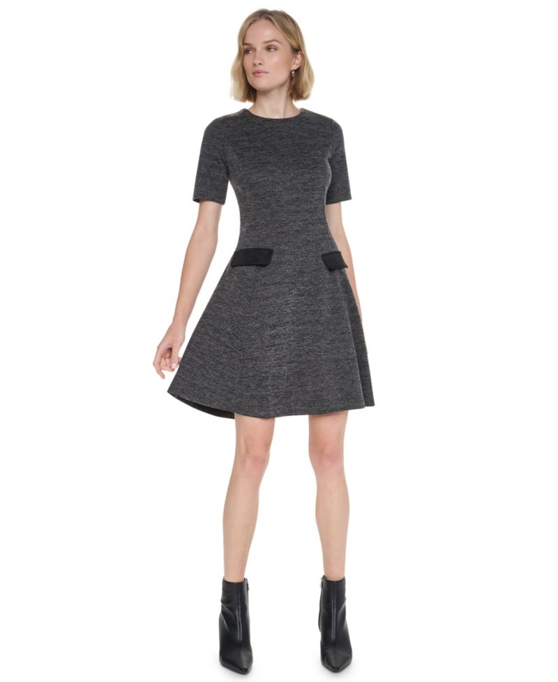 Women's Textured-Knit Short-Sleeve Fit-and-Flare Dress