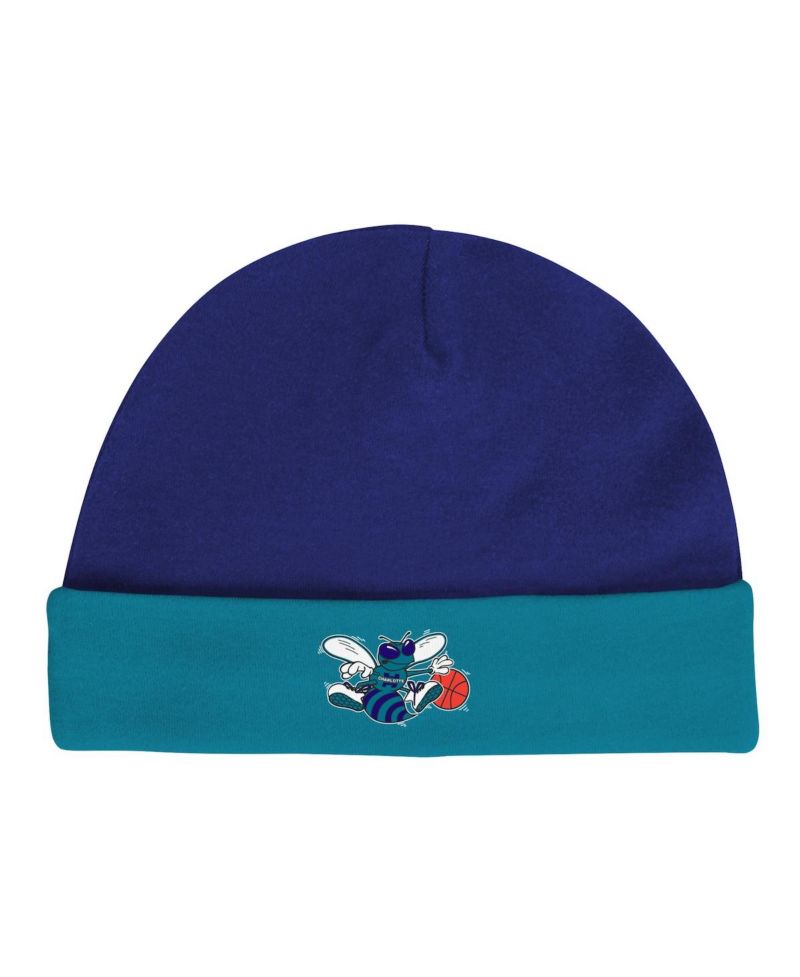 Newborn and Infant Boys and Girls Purple, Teal Charlotte Hornets 3-Piece Hardwood Classics Bodysuits and Cuffed Knit Hat Set