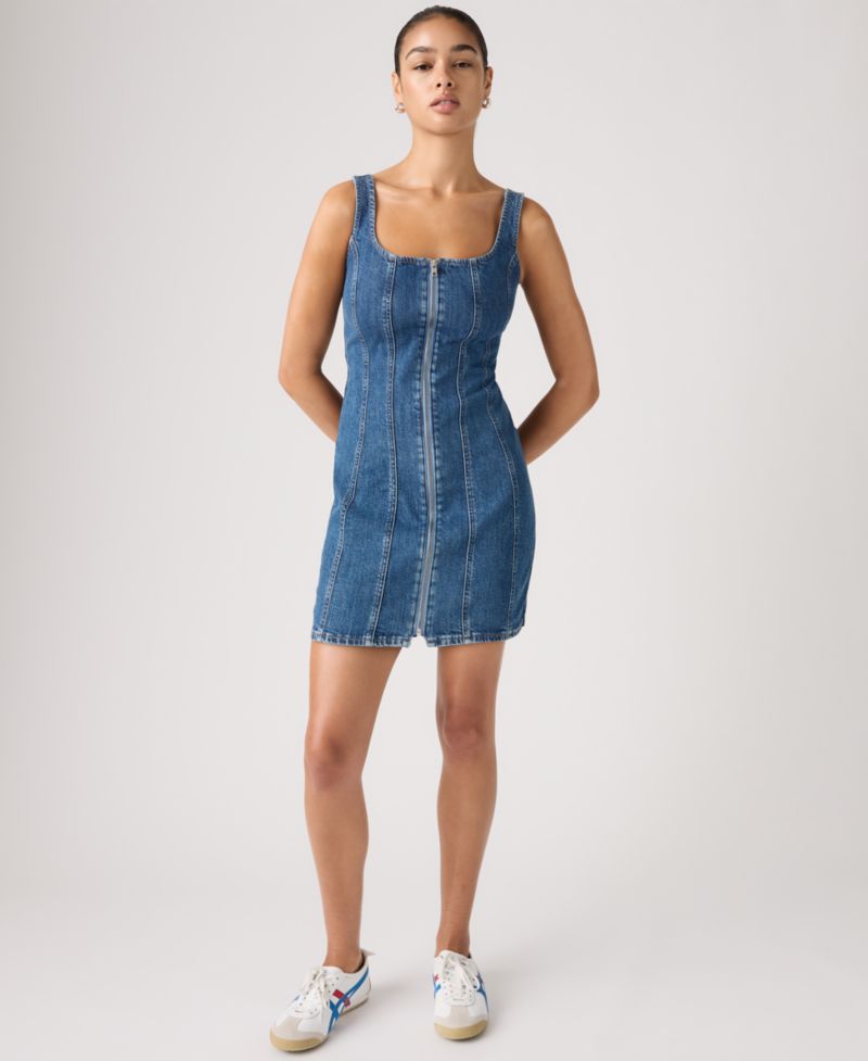 Premium Women's Seamed Figure Hugging Slim Fit Square Neck Cotton Dress