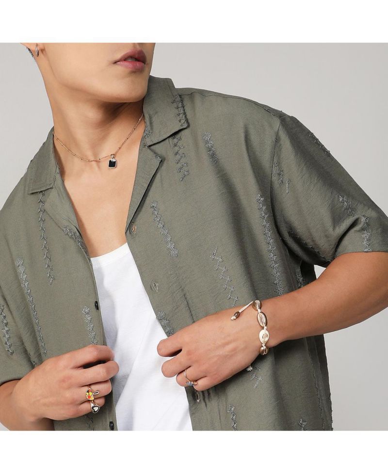 Men's Olive Green Embroidered Twist Shirt