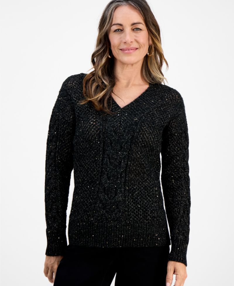 Petite Sequin Cable-Knit Sweater