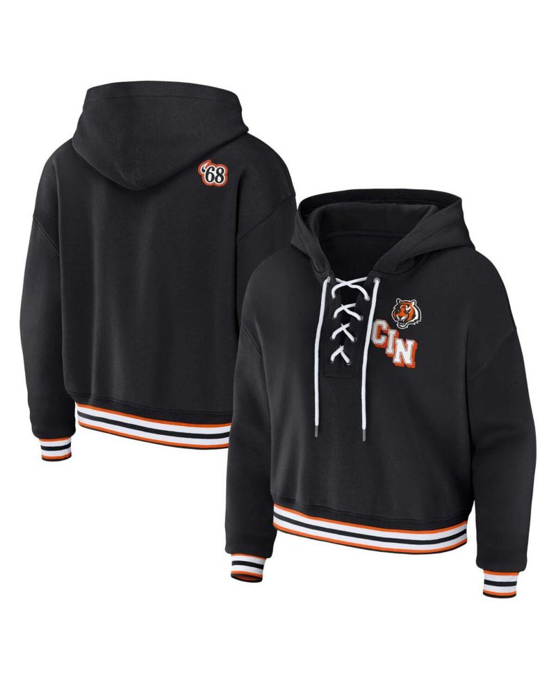 Women's Black Cincinnati Bengals Plus Size Lace-Up Pullover Hoodie