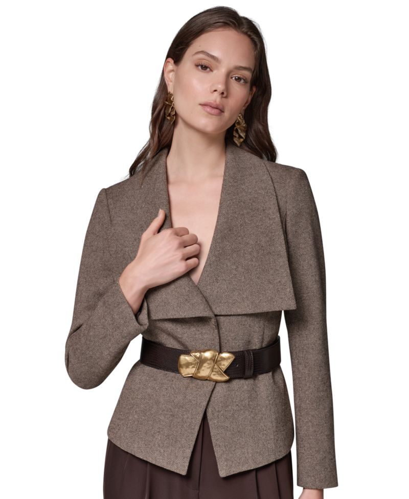 Women Cropped Shoulder-Padded Belted Blazer